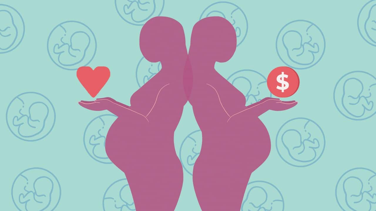 a graphic with a turquoise background and repeated outlines of a baby in a womb. In the foreground is the pink outline of two pregnant woman standing back-to-back - the one on the left holds a heart and the one on the right holds a dollar sign