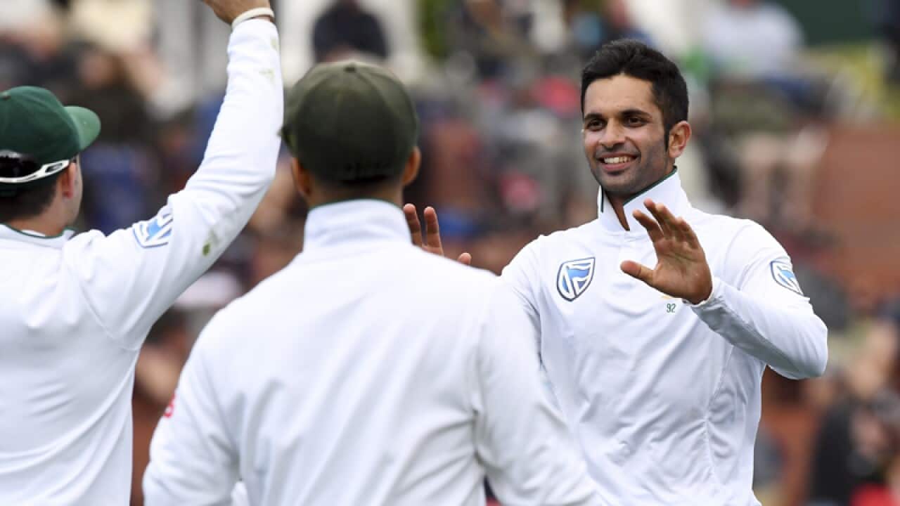 South Africa's Keshav Maharaj (R) after dismissing NZ'S Tim Southee