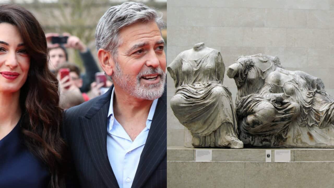 collage of Amal Alamuddin, George Clooney with Parthenon Marbles