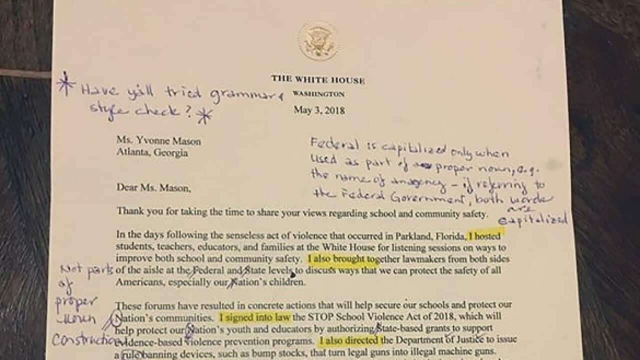 The letter Yvonne Mason received from the White House, and sent back to them after marking it up to point out numerous grammar and clarity problems.