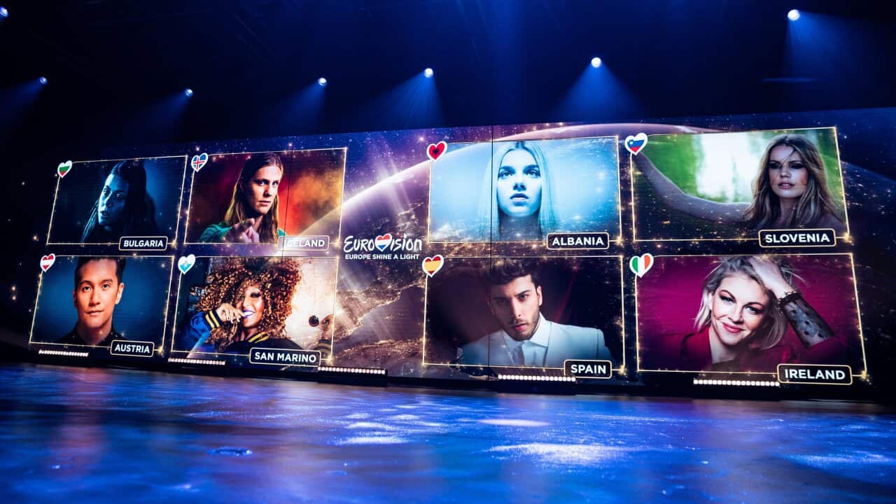 Artists shown on screens during the Eurovision's Europe Shine A Light remote television show, in Hilversum, Netherlands.