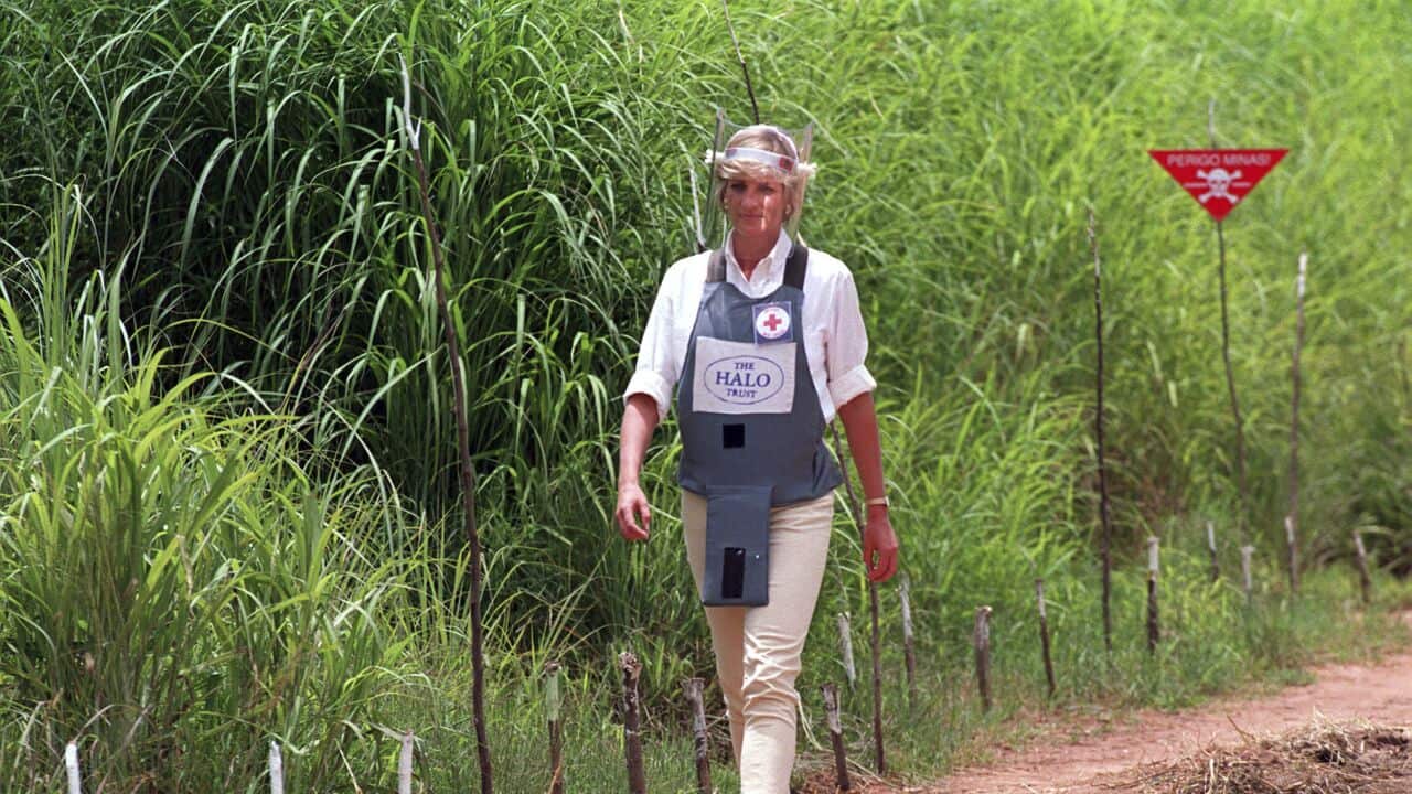 Princess Diana walking through a minefield