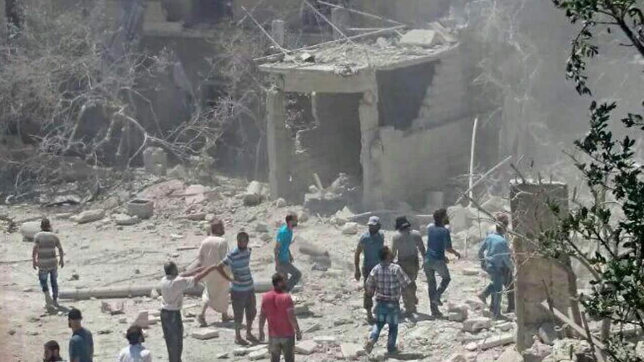 The aftermath of a bomb which fell in Idlib in 2016