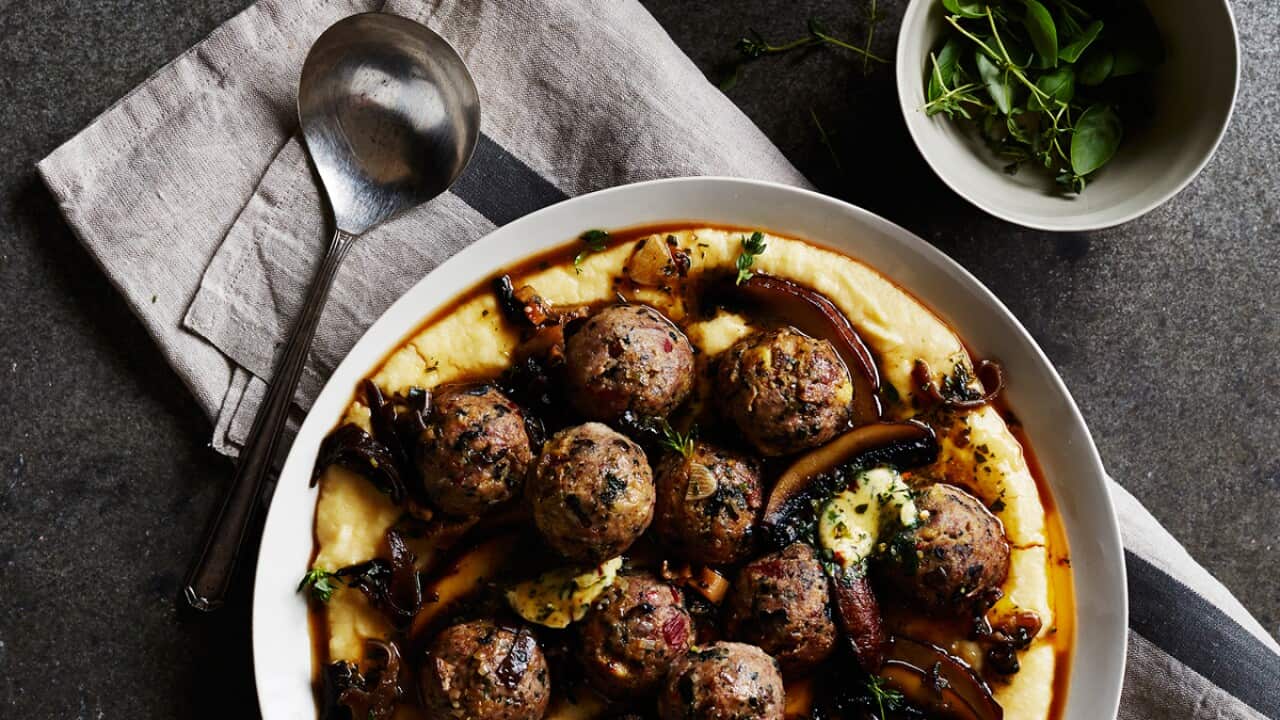 Veal and pork balls with polenta & mushroom