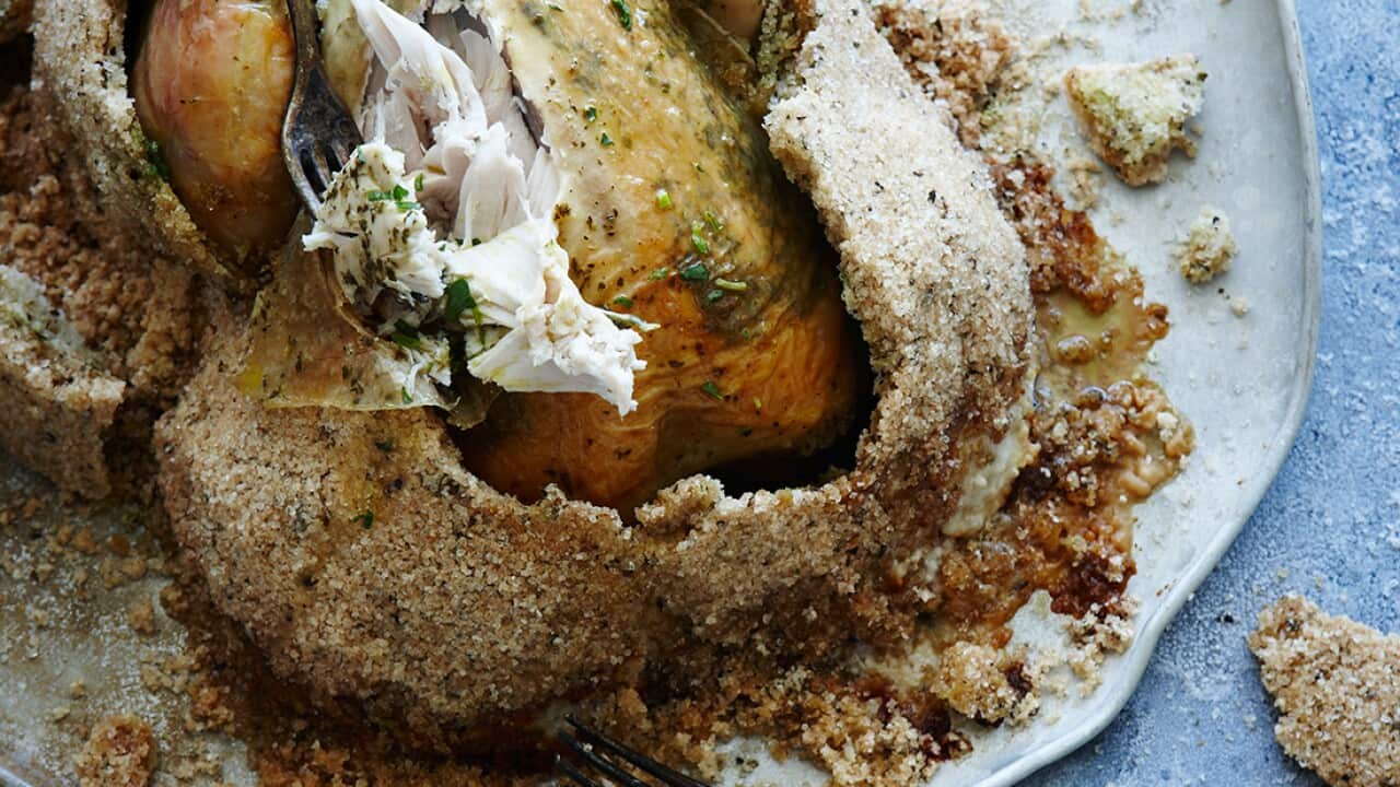 Salt-crusted roast chicken with tarragon vinaigrette