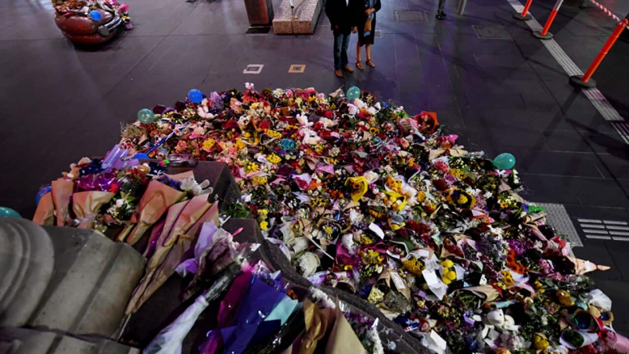 Floral tributes in Bourke Street Mall