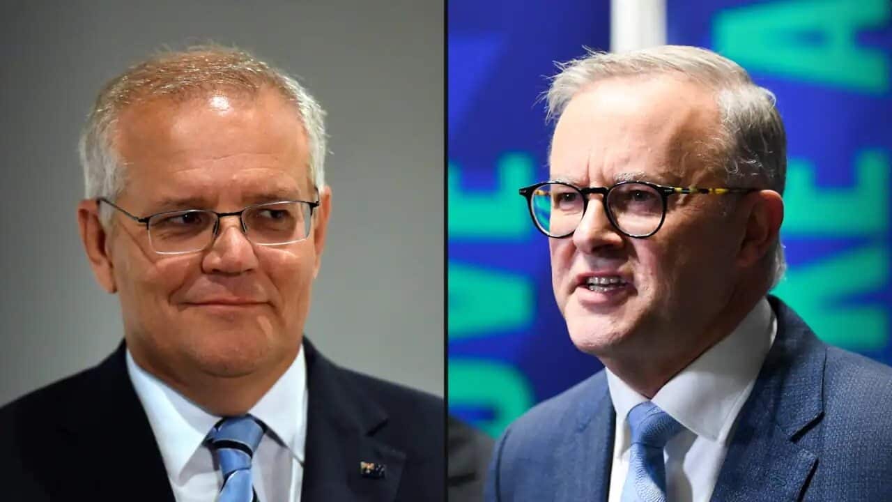 스콧 모리슨 연방 총리와 앤소니 알바니지 노동당 당수/Prime Minister Scott Morrison (left) and Opposition leader Anthony Albanese.