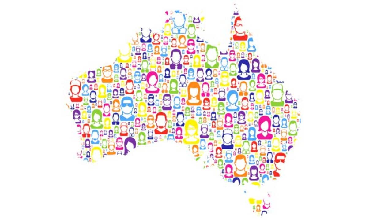 Map of Australia with a large group of people