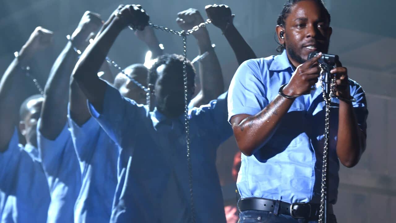 Kendrick Lamar performs at the 58th GRAMMY Awards at Staples Center in Los Angeles, California.