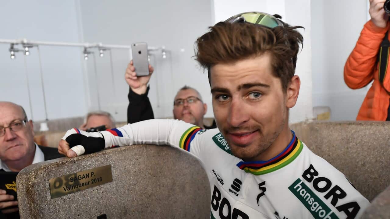 2018 Paris-Roubaix champion Peter Sagan at the unveiling of his victory plaque in the famous Paris-Roubaix showers ahead of the 2019 edition (Getty)