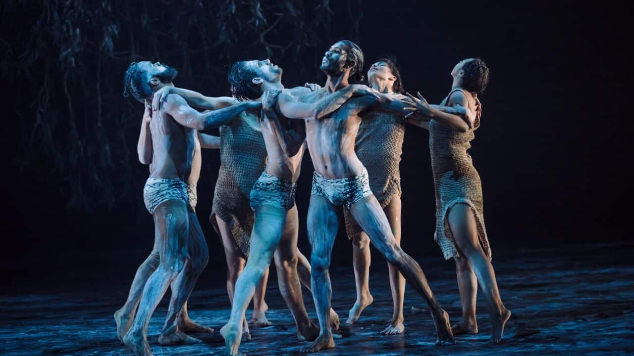 Bangarra Dance Theatre performers dance on stage