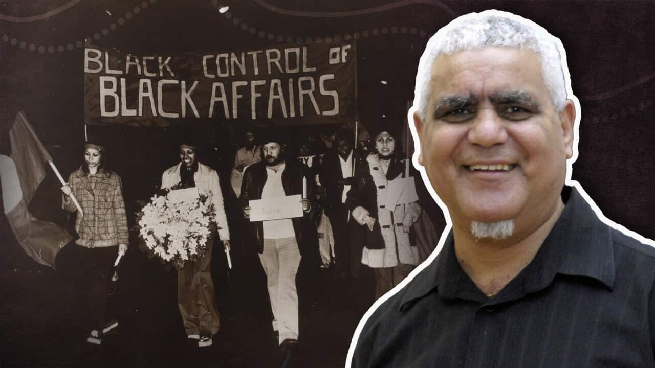 a composite photo of richard bell's smiling headshot, and a black and white photograph of Blak protestors in the background holding a sign that reads "black control of black affairs"