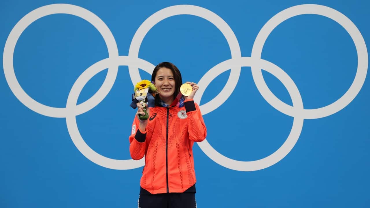 Yui Ohashi of Team Japan poses with the gold medal during the medal ceremony for the Women's 200m Individual Medley Final on day five of the Tokyo 2020 Olympic Games at Tokyo Aquatics Centre on July 28, 2021 in Tokyo, Japan.