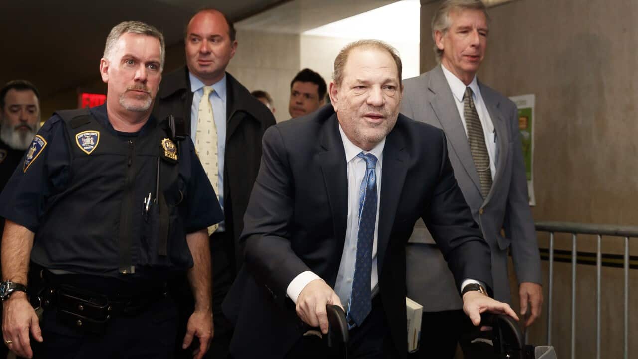 Harvey Weinstein (C) arrives to New York State Supreme Court as the jury continues to deliberate in his sexual assault trial in New York, 24 February 2020.