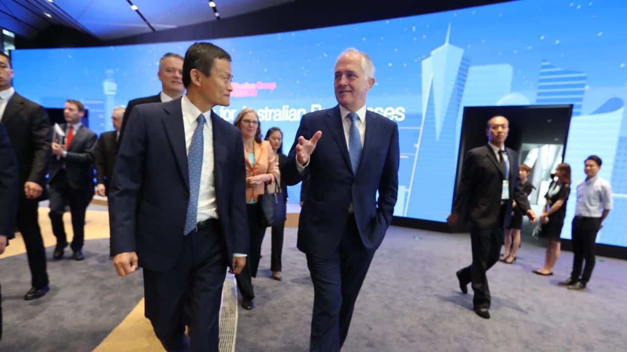 Jack Ma or Ma Yun, left, Chairman of Alibaba Group, talks with Malcolm Turnbull during his visit at headquarters of Chinese e-commerce giant Alibaba.