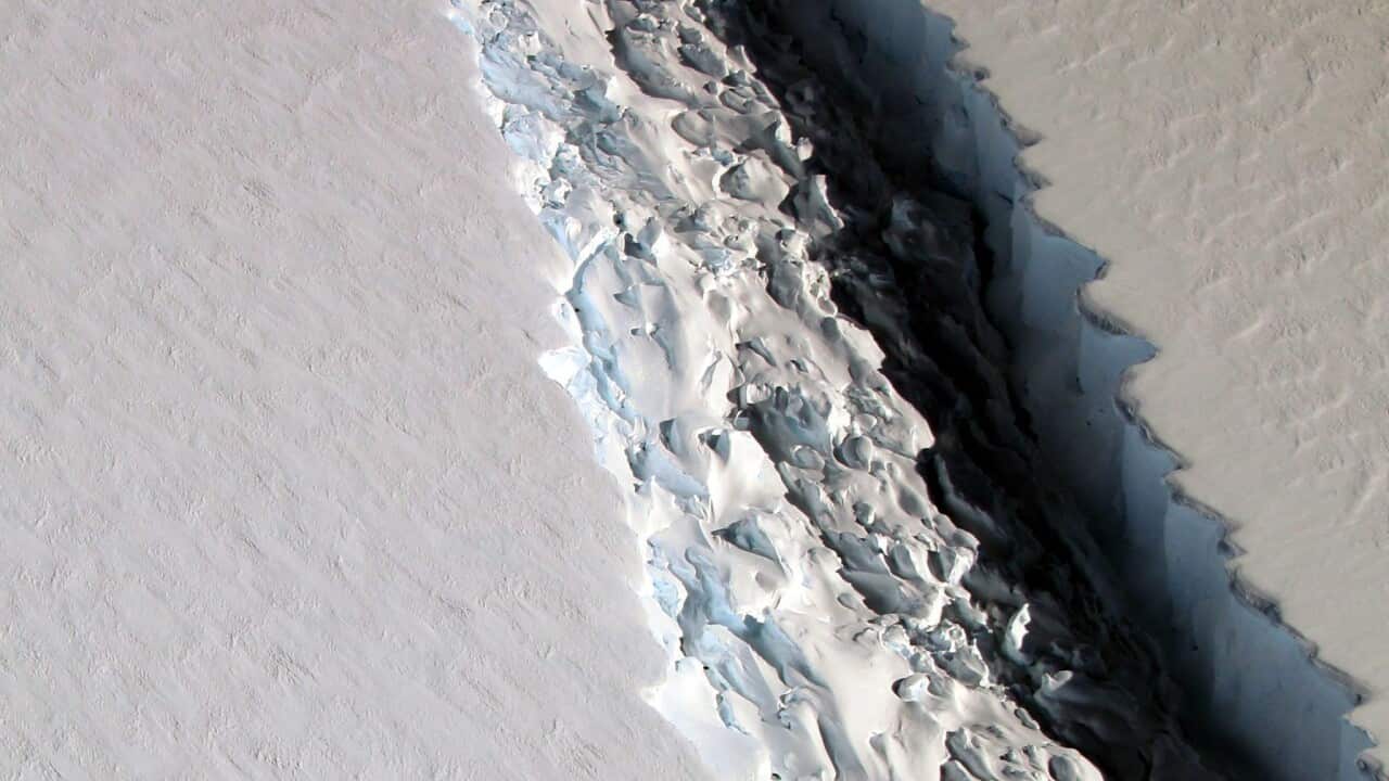 A handout photo made available by NASA on 06 January 2017 shows an oblique view of a massive rift in Antarctica.