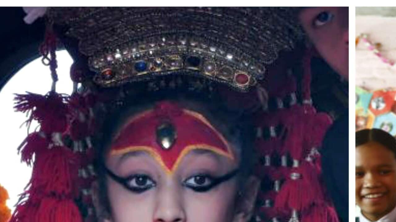 Matina Shakya as Royal Kumari (left) and on her first day at her new school on October 9, 2017.