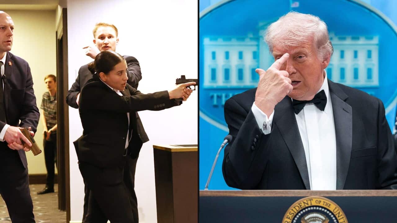 A composite image of secret service agents with guns on the left and a man wearing a suit pointing to his forhead on the right