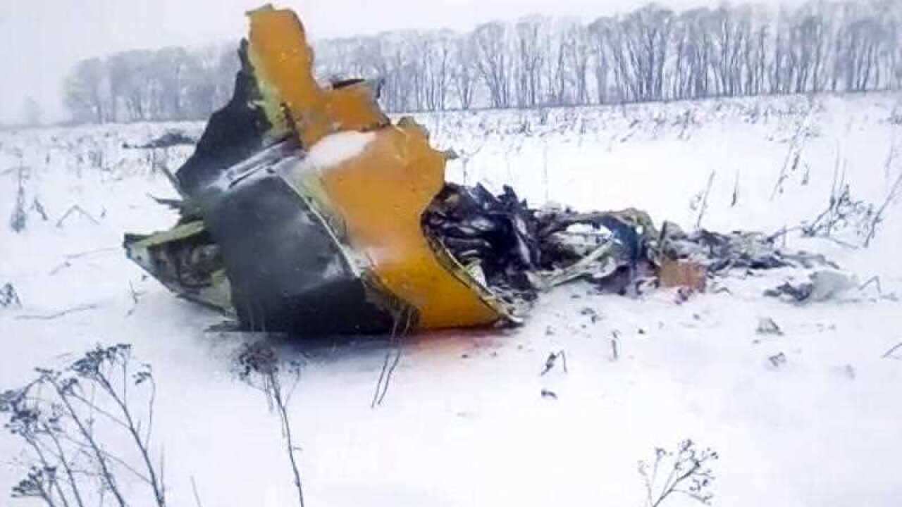 In this screen grab provided by the Life.ru, the wreckage of a AN-148 plane is seen in Stepanovskoye village, about 40 kilometers (25 miles) from the Domodedovo airport, Russia, Sunday, February 11, 2018.