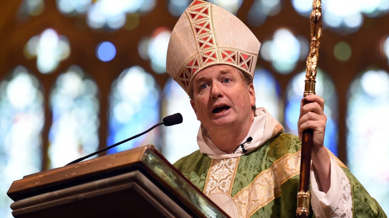 Archbishop of Sydney, Anthony Fisher, delivers the homily during the Annual Marriage Mass & Renewal of Vows at St Mary's Cathedral in Sydney on Sunday, July 12, 2015. (AAP)