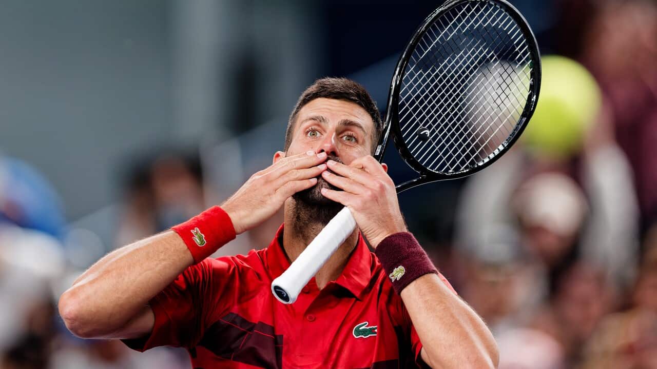 Novak Djokovic of Serbia celebrates winning his Men's Singles round of 16 match against Roman Safiullin of Russia at the Shanghai Masters tennis tournament in Shanghai
