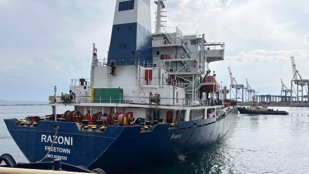 The grain-laden cargo ship Razoni leaving the port of Odesa, Ukraine (AAP)