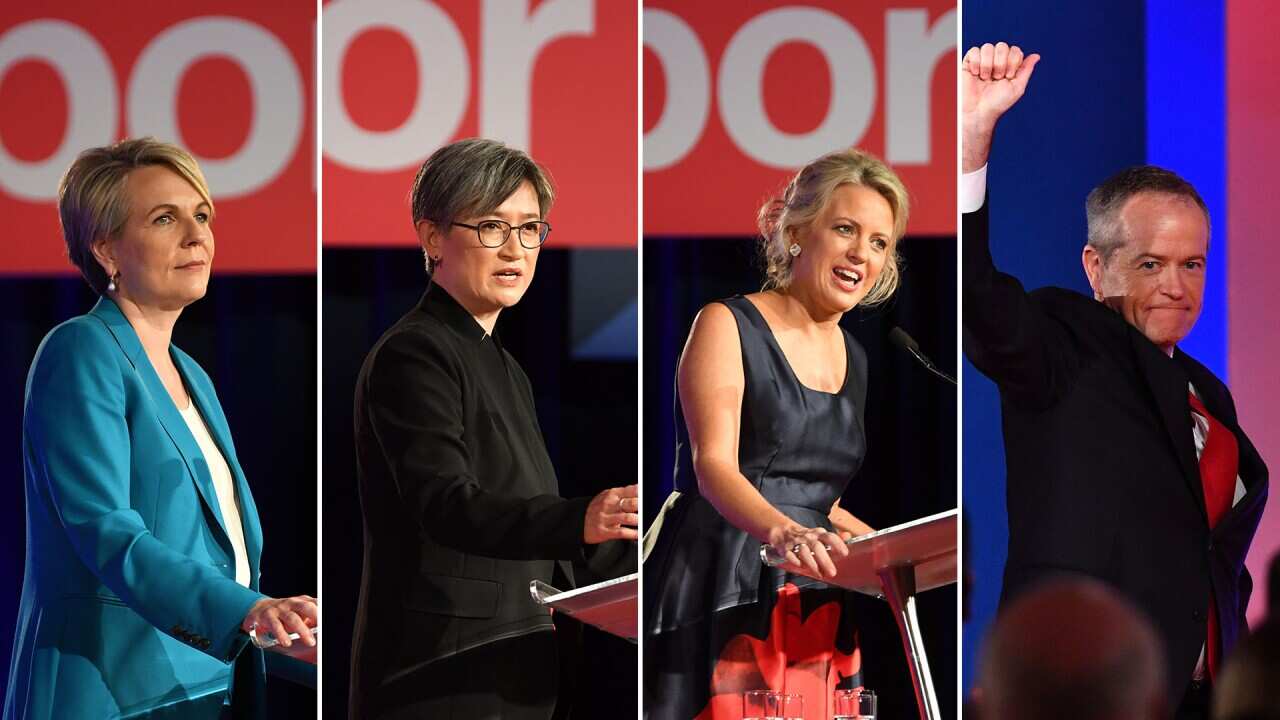 Labor's Bill Shorten took the stage after Tanya Plibersek, Penny Wong and Chloe Shorten addressed supporters. 