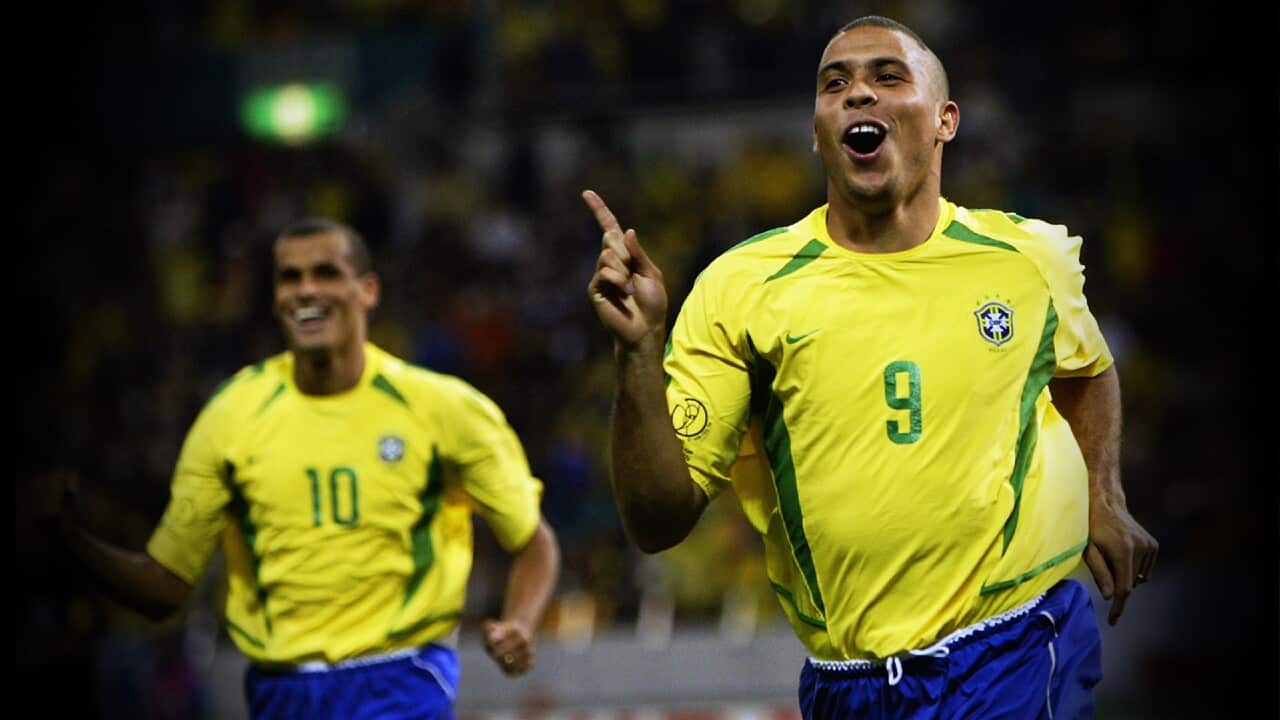 Ronaldo celebrates a goal for Brazil at the 2002 FIFA World Cup