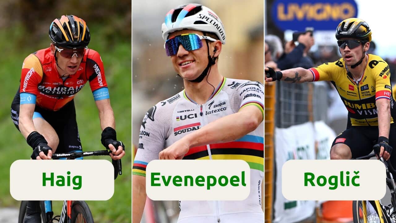 (L to R) Jack Haig, Remco Evenepoel and Primoz Roglic in the lead-up to the 2023 Giro d'Italia