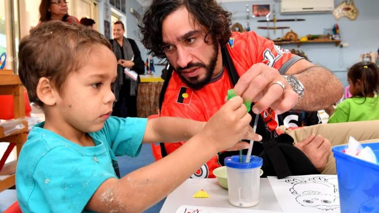 Johnathan Thurston at a kindergarten in Brisbane