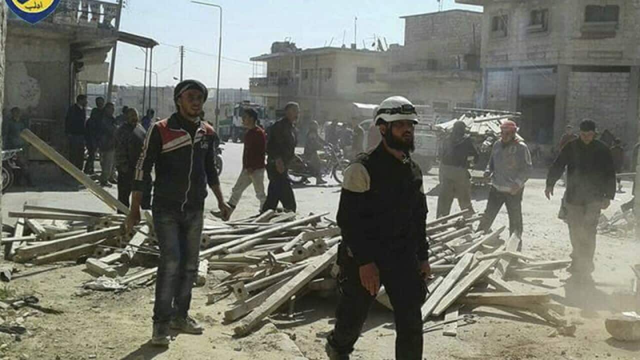 Damaged buildings after airstrikes hit Maarat al-Nuaman town