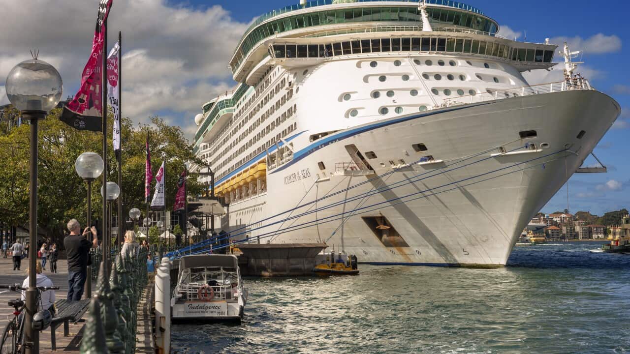 Voyager of the Seas docked at the Sydney Cove Overseas Passenger Terminal in February 2020.