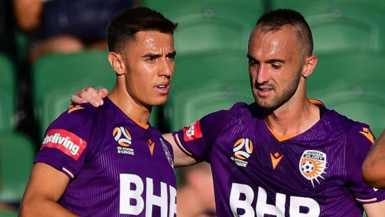 Chris Ikonomides (left) celebrating his goal for Perth Glory