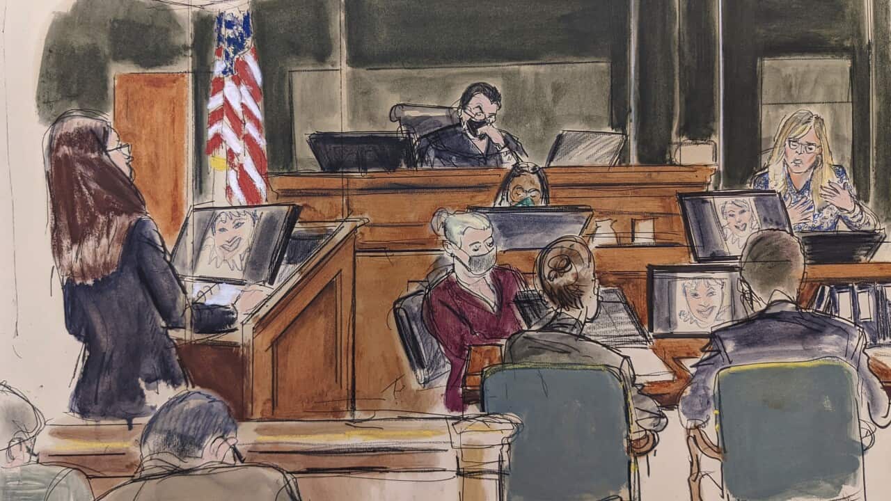 In this courtroom sketch, Annie Farmer, far right, testifies on the witness stand during the Ghislaine Maxwell sex abuse trial, December 10, 2021