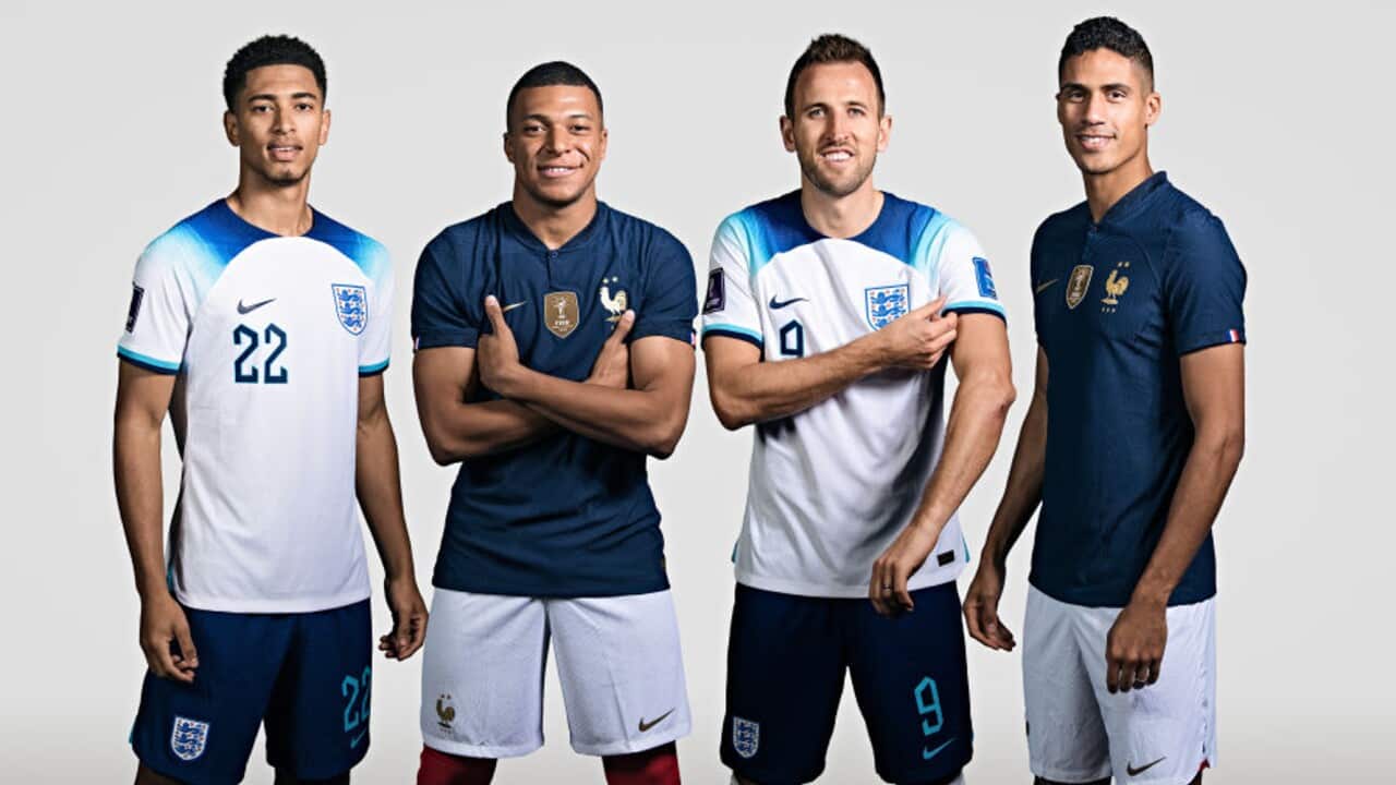 (L-R) Jude Bellingham, Kylian Mbappe, Harry Kane and Raphael Varane