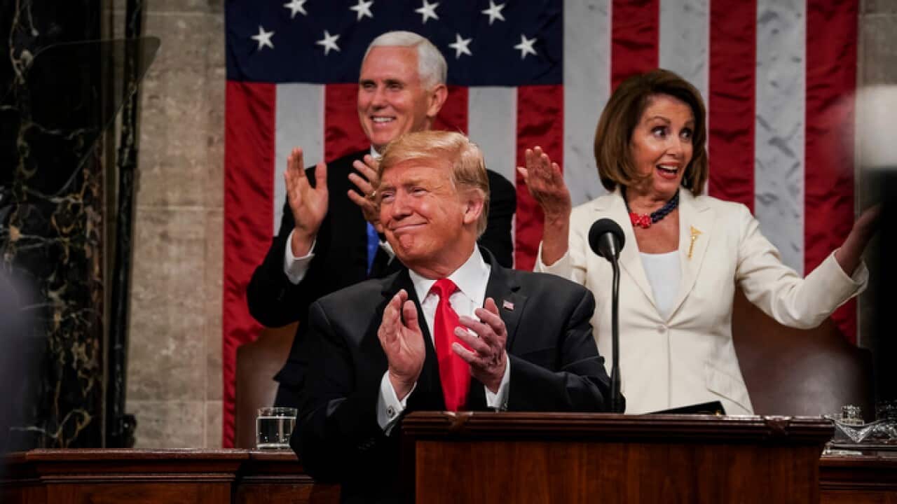 President Donald Trump delivered the State of the Union address, with Vice President Mike Pence and Speaker of the House Nancy Pelosi.