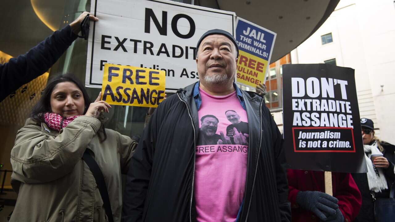 Chinese contemporary artist and activist Ai Weiwei during a silent protest outside the Old Bailey in London in support of Julian Assange.