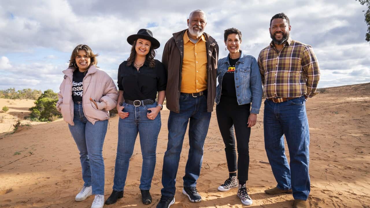 NITV and SBS. Going Places with Ernie Dingo. L-R Bianca Hunt, Rae Johnston, Ernie Dingo, Narelda Jacobs, Aaron Fa'Aoso. Photo credit Mark Rogers.jpg