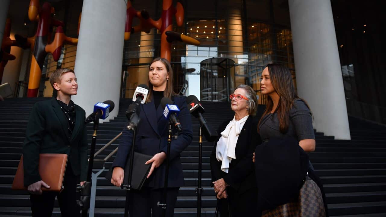 Brittany Higgins speaks to the media as she leaves the Commonwealth Parliamentary Office