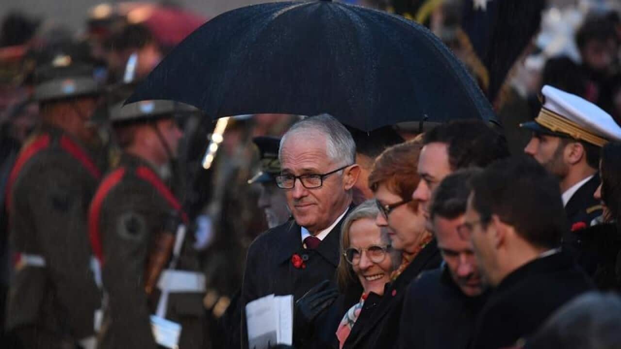 Prime Minister Malcolm Turnbull in the crowd at Villers-Bretonneux