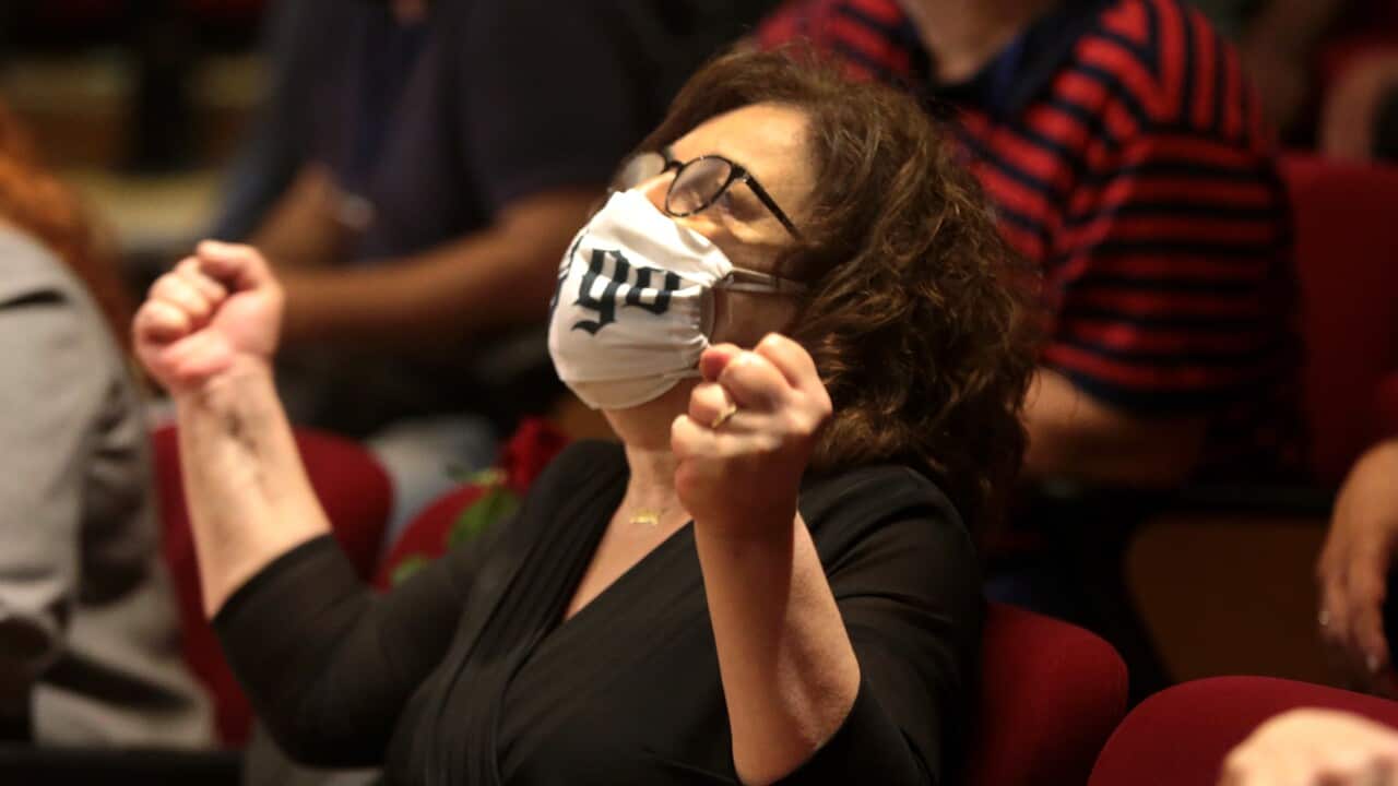 Magda Fyssa, mother of anti-fascist rapper Pavlos Fyssas, who waas murdered in 2013 by a member of Golden Dawn, reacts to the verdict on 7 October.