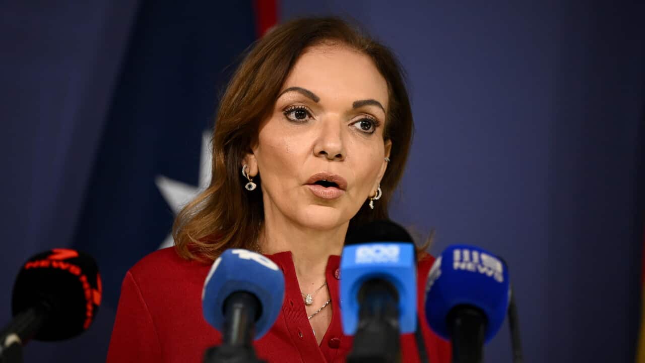 Federal Minister for Multicultural Affairs Anne Aly speaks in front of a podium.