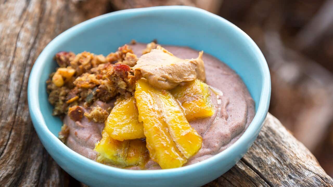 Sorghum porridge with peanut butter and caramelised bananas