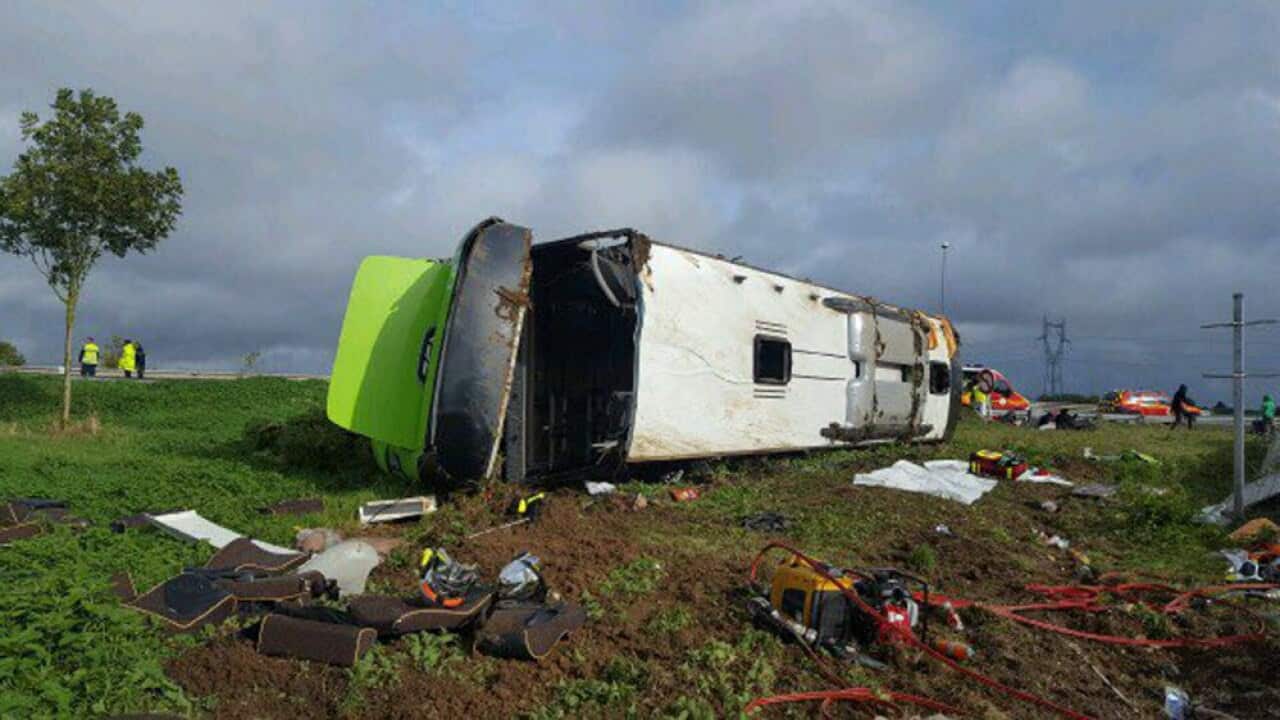 Handout photo issued by Gendarmerie de la Somme of the FlixBus coach