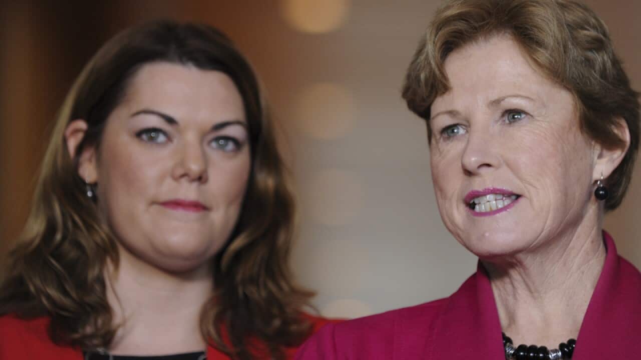 Greens Senator Sarah Hanson-Young (L) and party leader Christine Milne