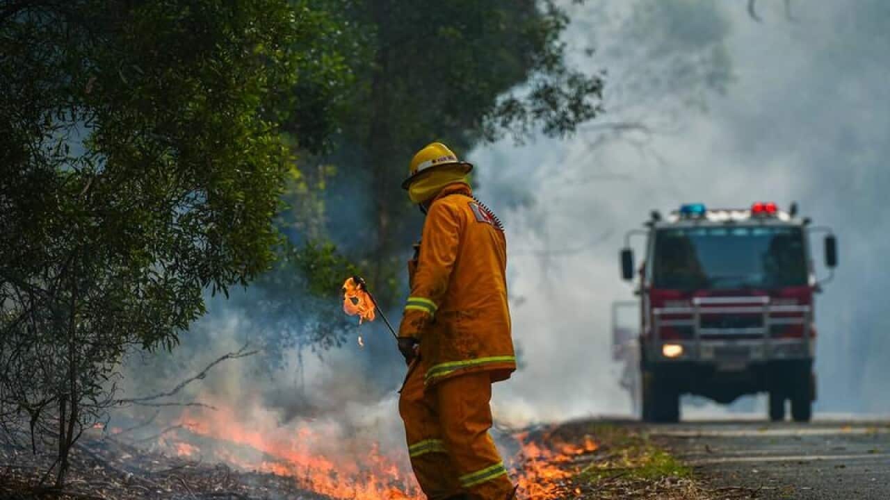 Firefighter and fire truck near Corryong, Victoria.