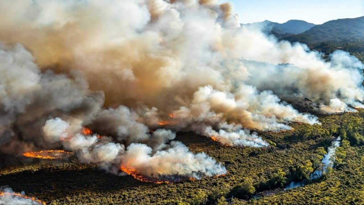A large bushfire burning in Tasmania, Australia