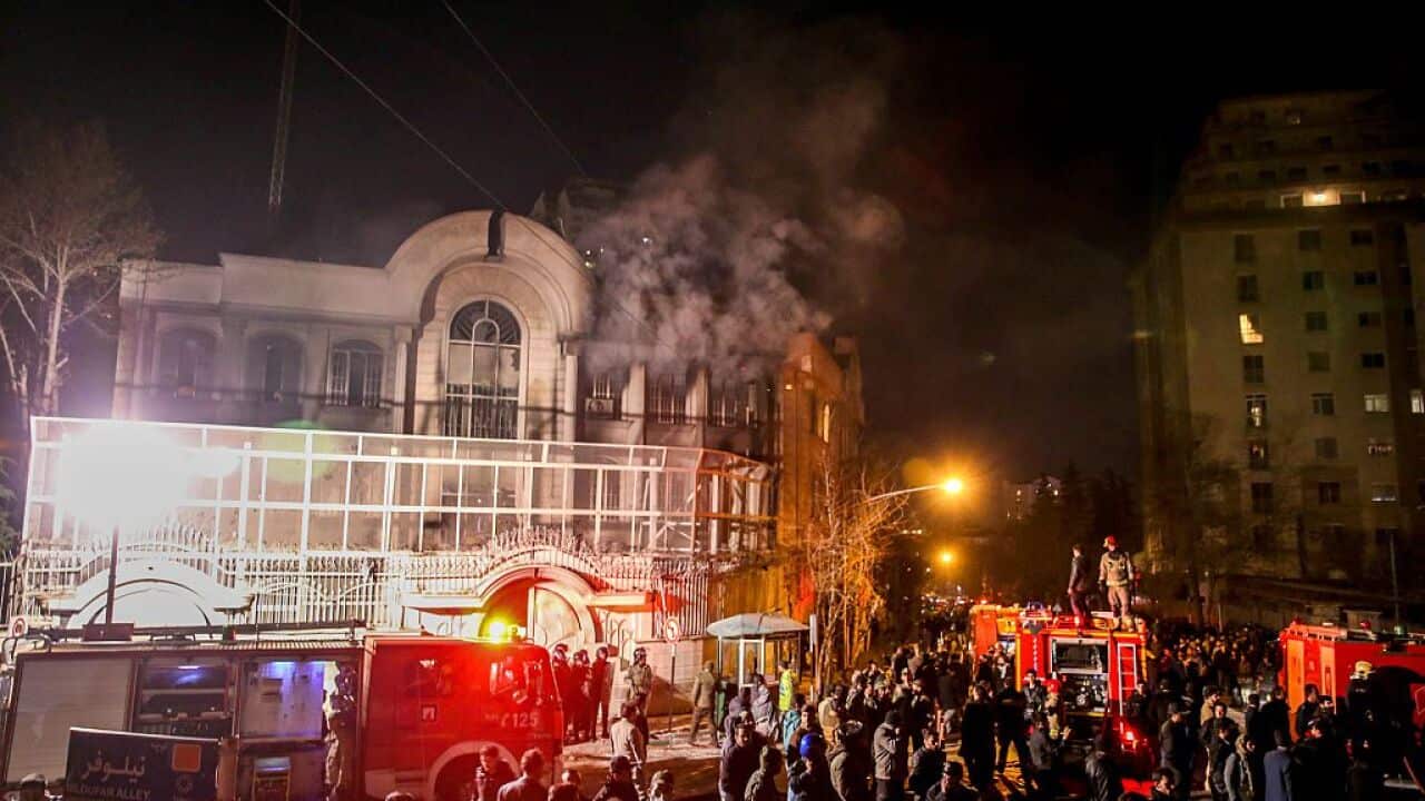 Iranian protesters set fire to the Saudi Embassy in Tehran during a demonstration against the execution of Shia cleric Nimr al-Nimr