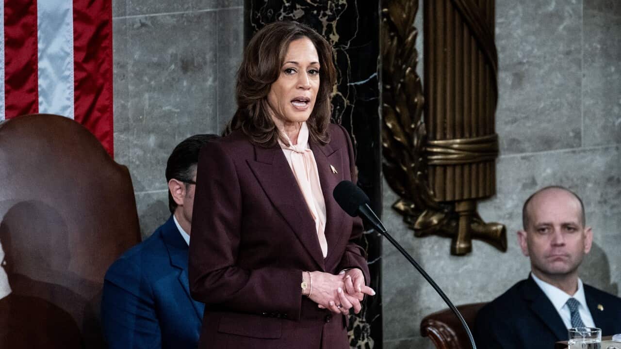 US Vice President Kamala Harris presides over a joint session of Congress for the counting of electoral votes in Washington (AAP).
