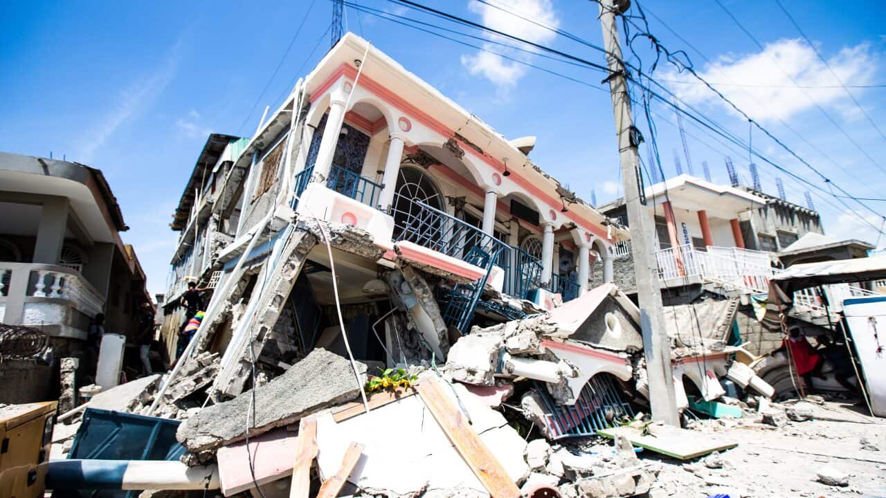 A view of the damage caused by a 7.2 magnitude earthquake in Los Cayos, Haiti.